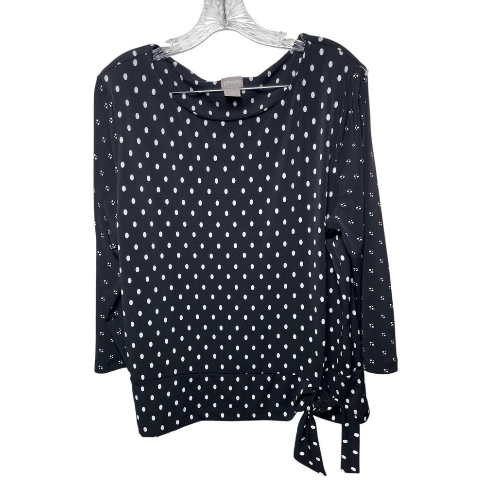 Chico's Women's Plus Size 3 Black with White Polka Dots Stretch 3/4 Sleeves Top